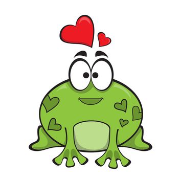 Funny little frog with red hearts overhead. In cartoon style. Isolated on white background. Vector illustration.