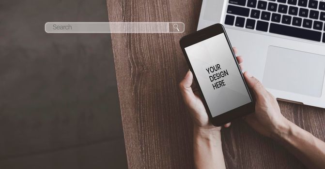 Top view women hands using mobile phone. Women hands use smart phone with search bar connect internet social media, social network application technology digital. clipping part copy space banner