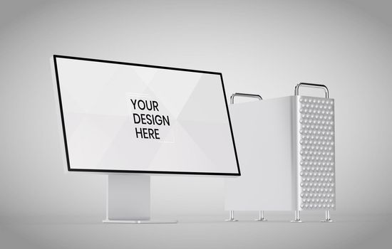 Computer screen on white background mock up. Computer modern monitor design. mock up isolated on gray background PSD. Save with clipping path.