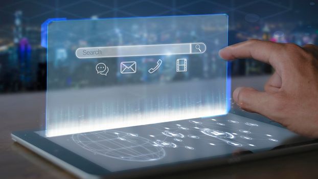 Man hand use finger touch virtual digital screen search bar connect to social media and social network Online marketing concept, new technology and business process strategy, automate operation