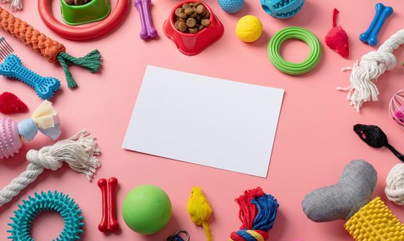 Pet care concept, various pet accessories and tools, toys, balls, brushes on pink background with blank paper for mockup design, high angle view
