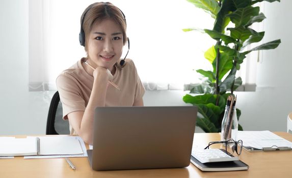 Video call camera view of businesswoman talks actively in videoconference . Call center, telemarketing, customer support agent provide service on telephone video conference call..