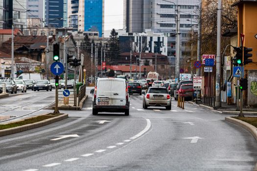 Car traffic, pollution, traffic jam in the morning and evening in the capital city of Bucharest, Romania, 2022