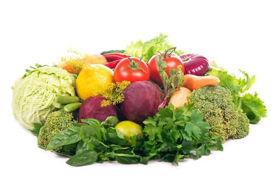 Healthy Eating. Seasonal organic raw vegetables. Isolated over white background