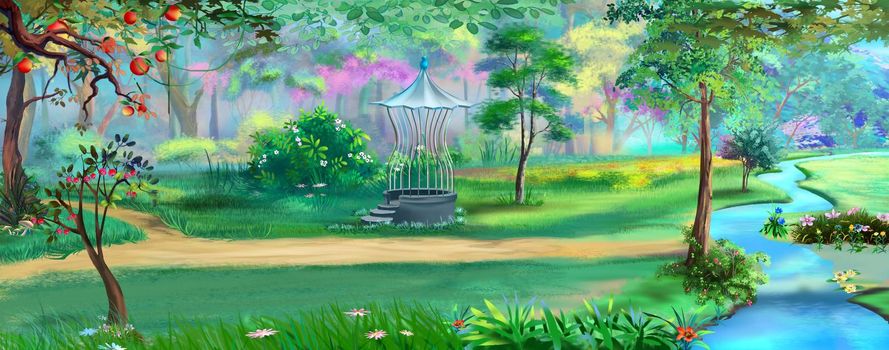 Pathway in a public or city park with bridge over a stream. Digital Painting Background, Illustration.