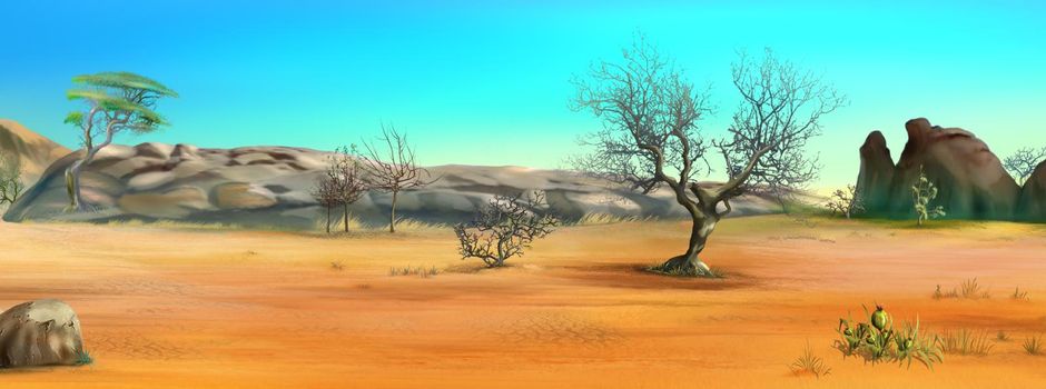 African savanna desert landscape on a hot day. Digital Painting Background, Illustration.