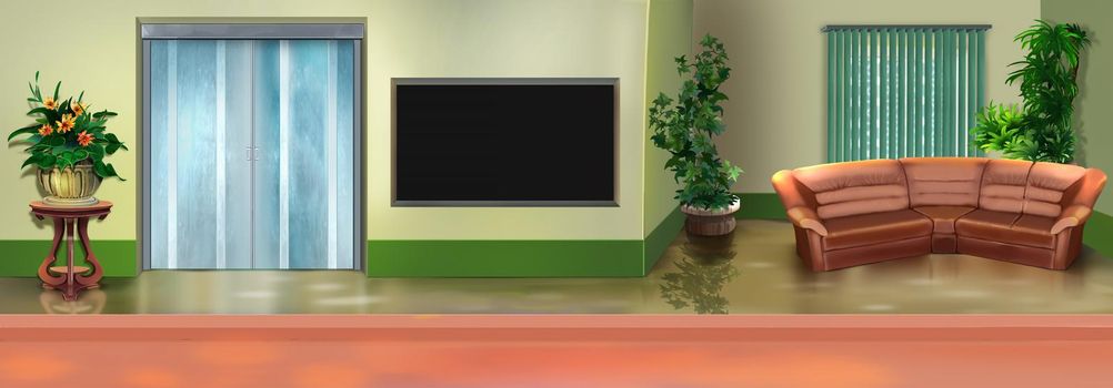 Bank office interior. Digital Painting Background, Illustration.