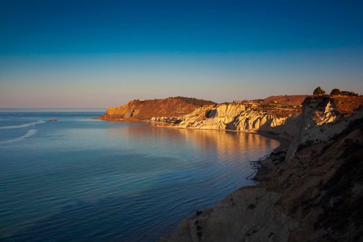 Top view of the coast with the limestone white cliffs near Realmonte in Agrigento province. Sicily, Italy