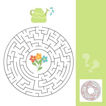 A puzzle game for kids. Go through the maze, watering can and flowers. Vector isolated on a white background. Labyrinth game with answer