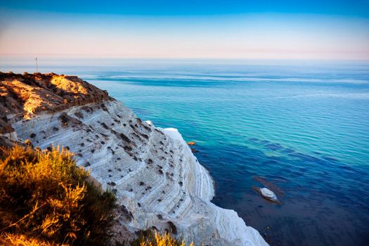 Top view of the limestone white cliffs at the Scala dei Turchi in English caled Stair of the Turks or Turkish Steps near Realmonte in Agrigento province. Sicily, Italy