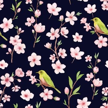 Branch of Cherry blossom watercolor seamless pattern on white. Japanese flowers. Floral pink background
