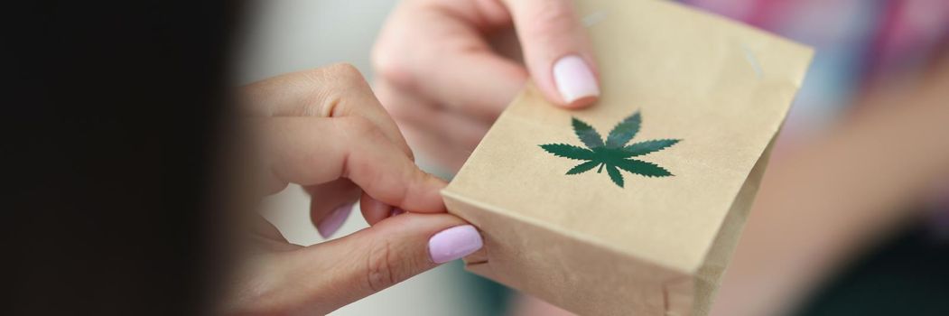 Close-up of woman giving paper bag of marijuana, use and storage medical marijuana. Legalized narcotic herb. Treating pain, stress and insomnia, alternative medicine concept