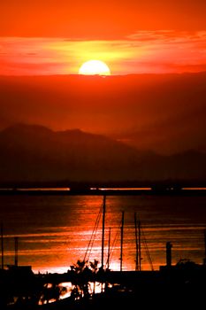 Colorful and Beautiful sky and sea at Sunset in Santa Pola, a small fishing village in southern Spain