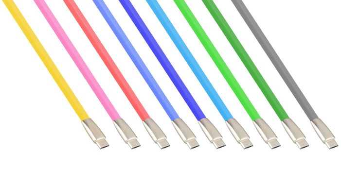 Cable and connector for USB, Type-C, Micro USB, Lightning on a white background, collage