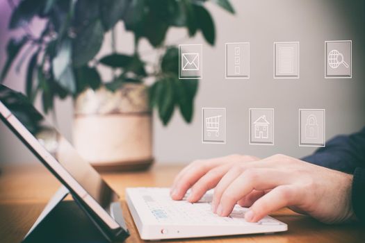 Businessman using computer laptop  for trading forex exchange and money transfer by use technology concept.