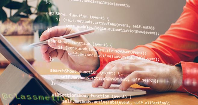 Data technology hologram. Concept of innovation. Man hands working on computer and data theme hologram drawing. Tech concept.