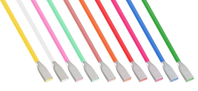 Cable and connector for USB, Type-C, Micro USB, Lightning on a white background, collage