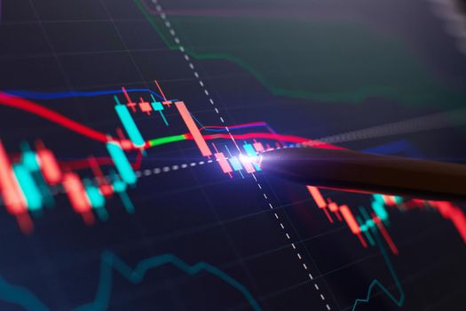 Financial chart with pen, stock analysis data for business background on digital screen. Graphs of the growth of the financial market forex. trading candlestick chart