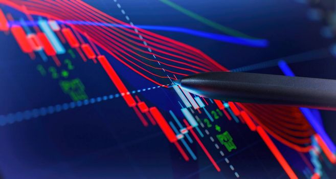 Price chart and pen indicator on screen, red and green candlestick chart on blue screen theme, market volatility, uptrend and downtrend.