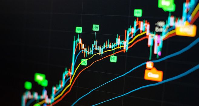 Financial statistic analysis on dark background with growing financial charts. Stock analyzing. Price chart bars.