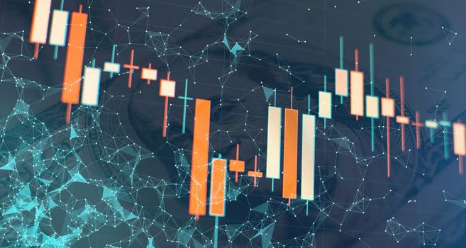 Financial statistic analysis on dark background with growing financial charts. Stock analyzing. Price chart bars.