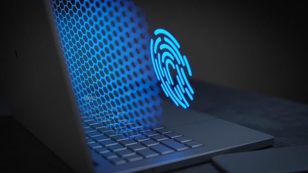 Fingerprint floating hologram in laptop screen security digital system data network security 3D Rendering