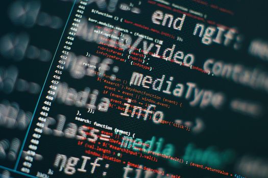 Software develop company office. Database bits access stream visualisation. Programming code abstract