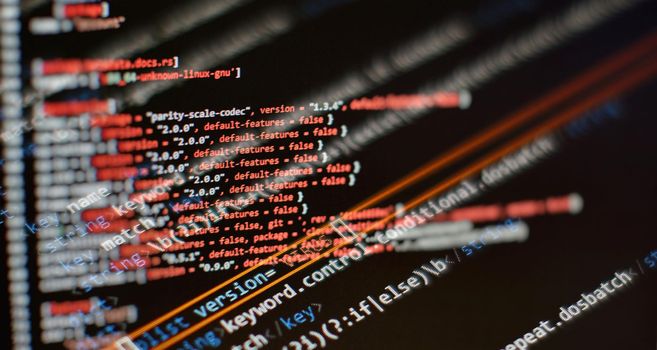 Laptop Display Closeup Photo. Information technology website coding standards for web design Programmer developer screen.