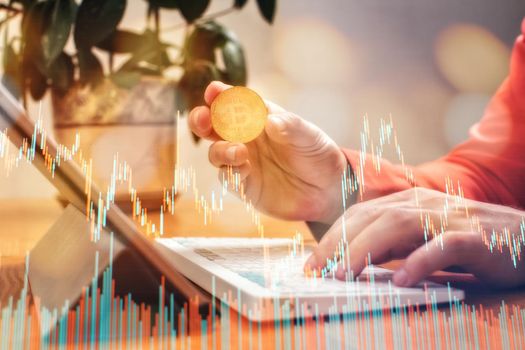 A person holds Bitcoin coins. Trader buying selling crypto currency bitcoin concept , Bitcoin purchase concept.