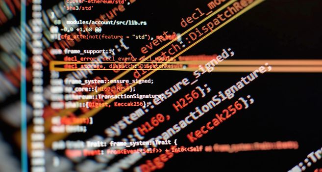 Writing programming functions on laptop. Big data and Internet of things trend. Software development. Internet security hacke
