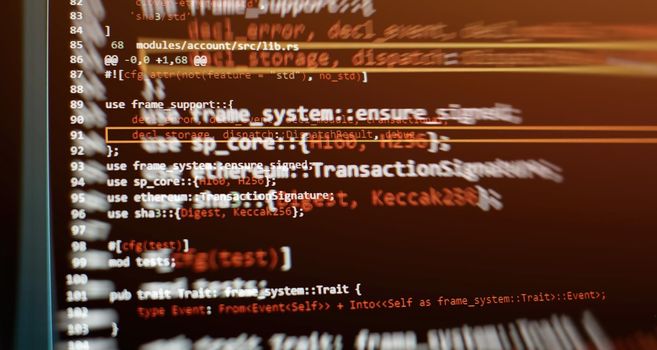 Writing programming functions on laptop. Big data and Internet of things trend. Software development. Internet security hacke