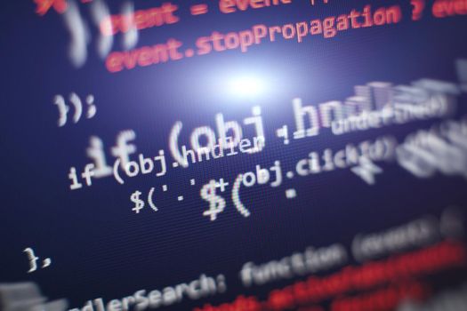 Programming code screen of software developer. Software Programming Work Time. Code text written and created