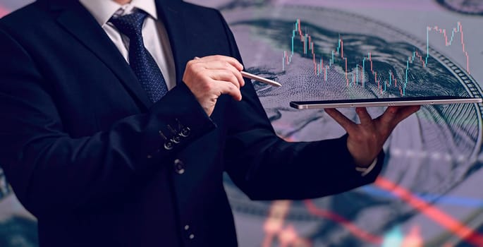 Development and growth business. man hand pointing line dot graph corporate future growth plan