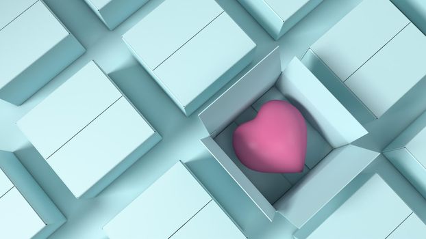 3d rendering of a heart in a box. Many boxes and one open.