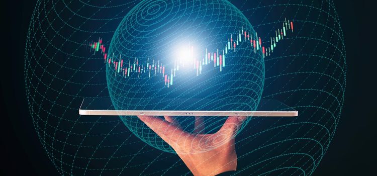 Market economy graph statistic showing growth of profit analyzing financial exchange on increase digital money background with trade chart finance data