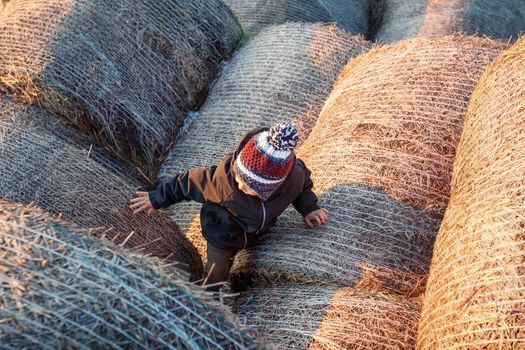 Top view of a little boy with a knitted hat climbing to the top of a hay roll.