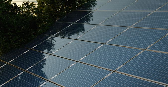 solar panels or photovoltaic plant on the roof with some visible trees 3d render