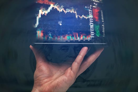 Stock market, Business growth, progress or success concept. Hand of Businessman or trader is showing a growing virtual hologram stock on smartphone