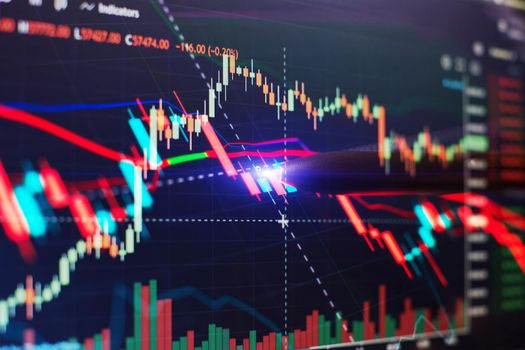 Financial chart with pen, stock analysis data for business background on digital screen. Graphs of the growth of the financial market forex. trading candlestick chart