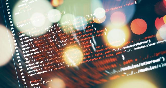 Writing programming functions on laptop. Big data and Internet of things trend. Software development. Internet security hacke