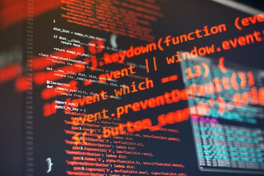 Programming code screen of software developer. Software Programming Work Time. Code text written and created