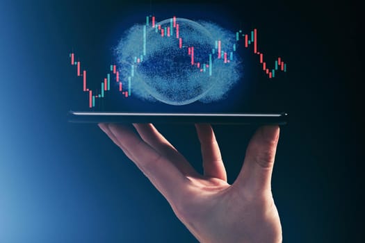 Stock market, Business growth, progress or success concept. Hand of Businessman or trader is showing a growing virtual hologram stock on smartphone