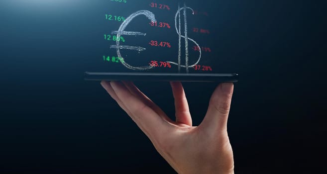 Stock market, Business growth, progress or success concept. Hand of Businessman or trader is showing a growing virtual hologram stock on smartphone