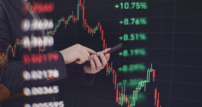 manager analyzing investment statistics and indicators on dashboard for trading products. Business and finance strategy. Data analytics for stock