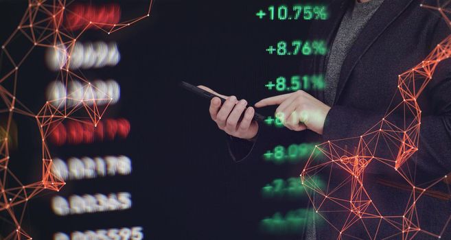 Finance Content marketing.Business Analytics Data Management System concept on dark background.