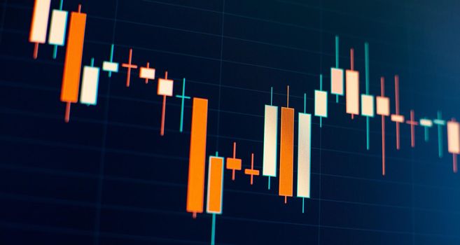 Financial statistic analysis on dark background with growing financial charts. Stock analyzing. Price chart bars.