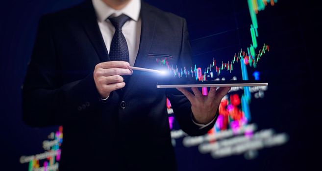 Development and growth business. man hand pointing line dot graph corporate future growth plan