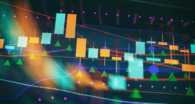 Virtual abstract financial graph interface on modern interior background, financial and trading concept