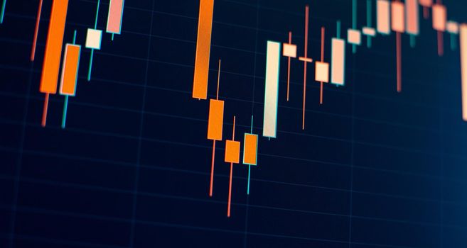 Financial statistic analysis on dark background with growing financial charts. Stock analyzing. Price chart bars.