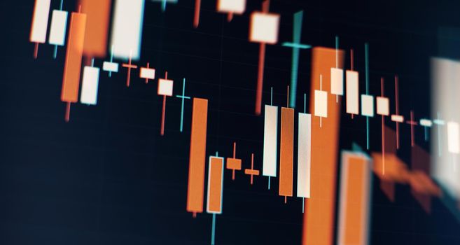 Financial statistic analysis on dark background with growing financial charts. Stock analyzing. Price chart bars.